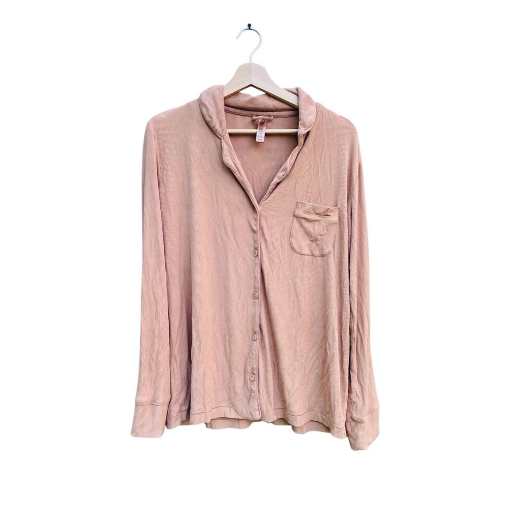 Skims Woman’s Pajama Top Size S Long Sleeve Button Up Brown Ribbed Collared